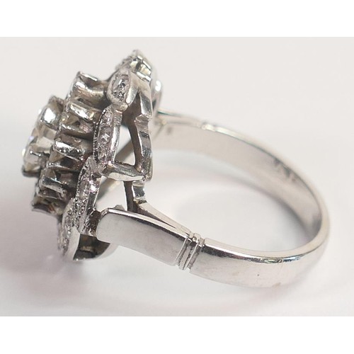 1964 - 14k white gold diamond cluster ring, centre round diamond approx .80ct surrounded by 10 smaller diam... 