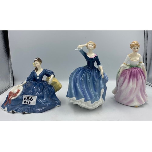 656 - 3 Royal Doulton Figurines 'Allison HN3264', 'Tina HN3494' & Elyse HN2429'