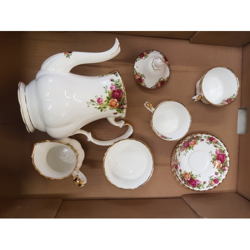 647 - Royal Albert Old Country Roses Coffee Pot, Milk, sugar and two cups and saucers