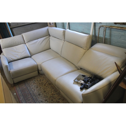 625 - Modern corner sofa, in light grey leather, with phone charging points/USB, 18 months old approx, ori... 