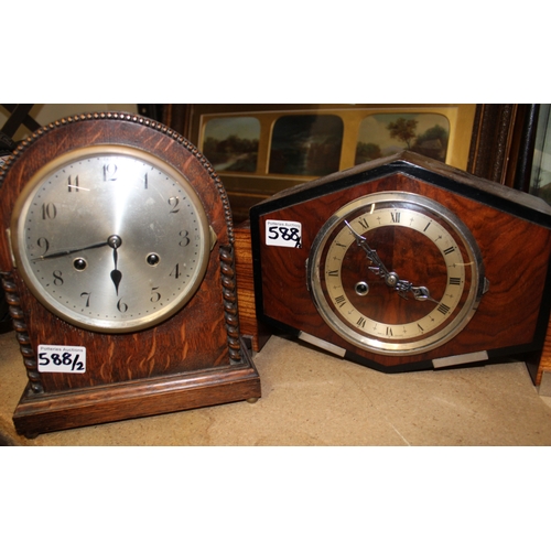 588 - Two mantel clocks, one in oak and one in mahogany.