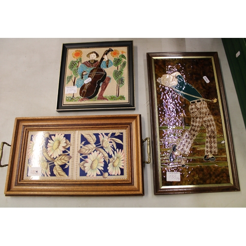 133 - Two Maws & co framed tiles together with a matching tiled tray