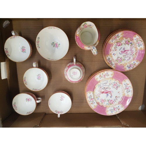 51 - Minton Pink 'Cockatrice' Pattern Tea ware items to include 5 Cups, 4 saucers, 6 Side Plates & Milk a... 
