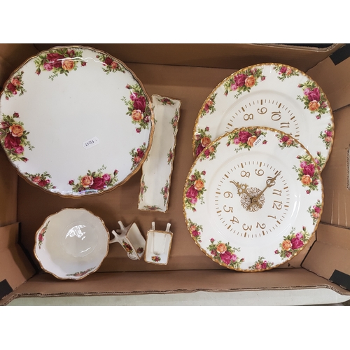 57 - Royal Albert Old Country Roses Patterned items to include Two Wall Clocks, Cake Stand, sugar bowl et... 