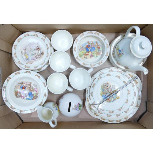 77 - Royal Doulton Bunnykins items to include - teapot, cups and saucers, plates, bowls, money boxes & a ... 