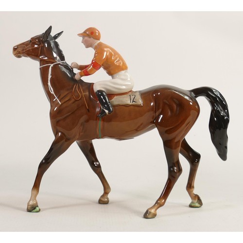 197 - Beswick Jockey on Walking Horse 1037, jockey in orange & red stripes colourway, No12 detail noted on... 