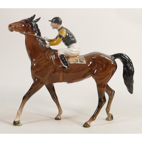 198 - Beswick Jockey on Walking Horse 1037, jockey in black & yellow colourway, No24 detail noted on darke... 