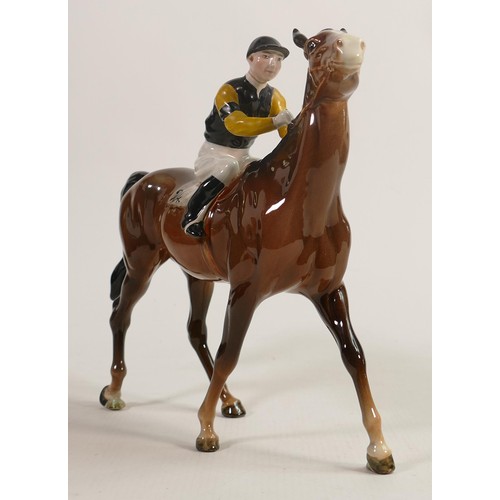 198 - Beswick Jockey on Walking Horse 1037, jockey in black & yellow colourway, No24 detail noted on darke... 