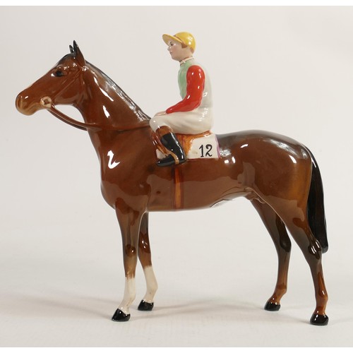 236 - Beswick jockey on brown horse 1862, yellow, red & green racing colours, both ears restored.