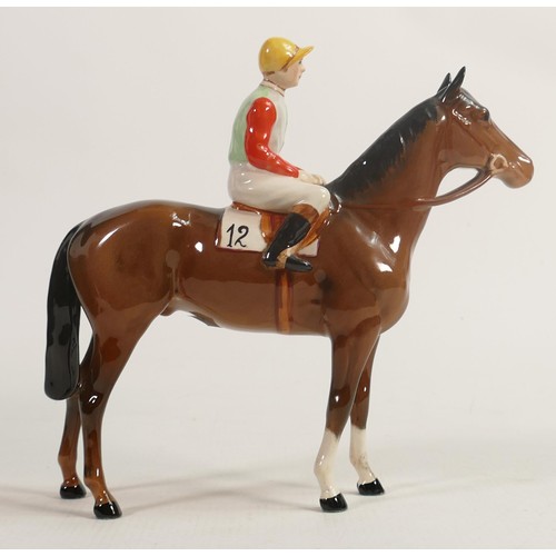 236 - Beswick jockey on brown horse 1862, yellow, red & green racing colours, both ears restored.