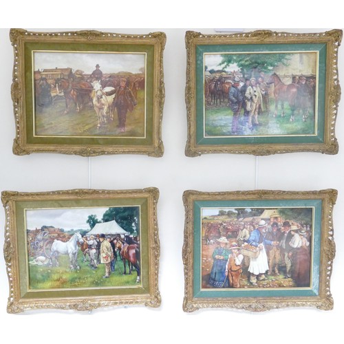 693 - A set of four porcelain plaques, hand painted by Leighton Maybury, Travellers Horse fair scenes afte... 