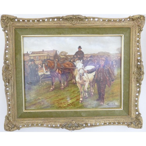 693 - A set of four porcelain plaques, hand painted by Leighton Maybury, Travellers Horse fair scenes afte... 