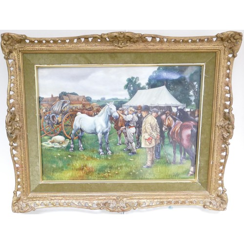 693 - A set of four porcelain plaques, hand painted by Leighton Maybury, Travellers Horse fair scenes afte... 