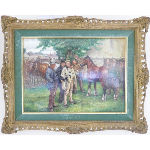 693 - A set of four porcelain plaques, hand painted by Leighton Maybury, Travellers Horse fair scenes afte... 