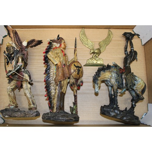 346 - A collection of Native American Themed Resin Figures Plus a Brass Eagle type figure (1 tray)