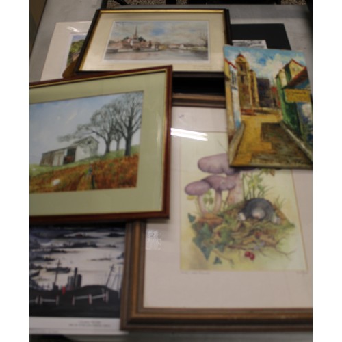 435 - A group of framed/mounted prints together with a continental small oil on board etc.