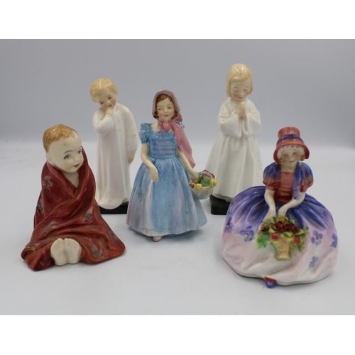 509 - Royal Doulton small figures to include: The Little Pig, Wendy, Bedtime, Darling & Monica (5).