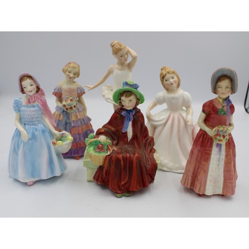 513 - Royal Doulton small figures to include: Diana, Amanda, Linda (hairline to base), Wendy, The Little B... 