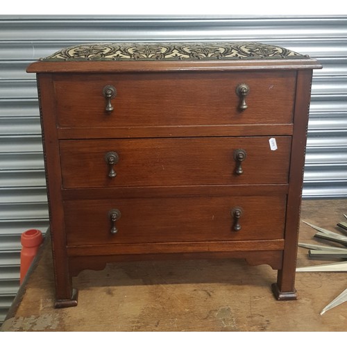 601 - Mahogany piano stool with music sheet storage drawers and hinged top, 55cm W x 54cm H x 39cm D.