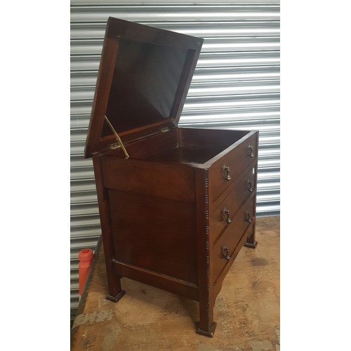 601 - Mahogany piano stool with music sheet storage drawers and hinged top, 55cm W x 54cm H x 39cm D.