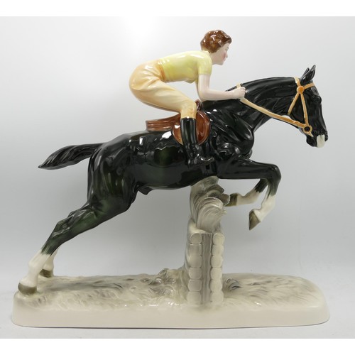 13 - Hertwig Katzhutte Art Deco figure girl on horse jumping fence, approx 27cm in length