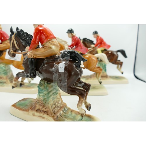 15 - Hertwig Katzhutte Art Deco figure of Boys & Girls on horseback jumping fences, all with damage or pa... 