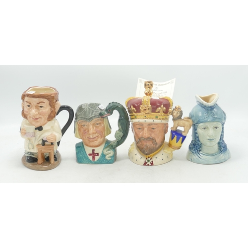 288 - Royal Doulton Small Character Jugs Britannia D7107, King Edward VII D6923, St George D6621 & double ... 