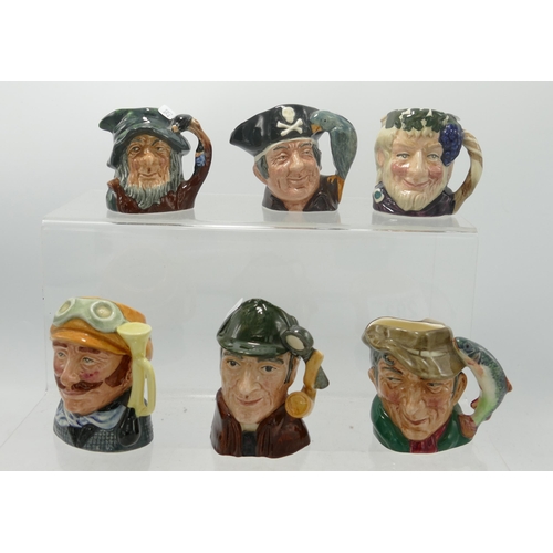 293 - Royal Doulton miniature character jugs The Poacher D6515, Bacchus D6521, Veteran Motorist D6641, Lon... 