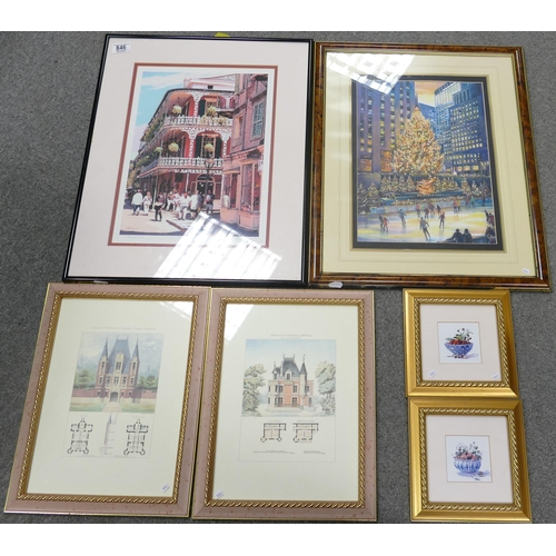 846 - Six framed prints with still life, architectural & landscape themes(6)