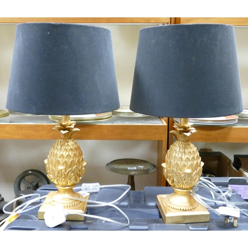 847 - Pair Modern Gilt Effect Pineapple Theme Table Lamps, height with shades 51cm(2)