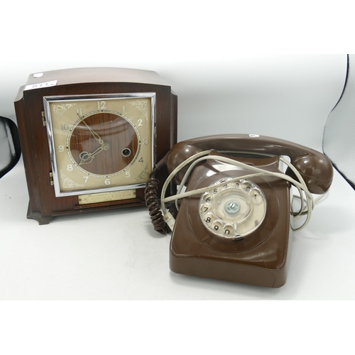 811 - Presentation Oak Mantle Clock & Vintage Dial Telephone(2)