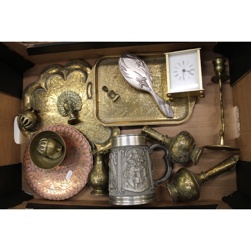 650 - A mixed collection of metal ware items including Indian brass items, white metal Art Nouveau hair br... 