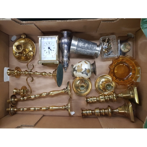 11 - A collection of Metal ware items to include brass candle sticks, Silver plated sugar shaker, German ... 