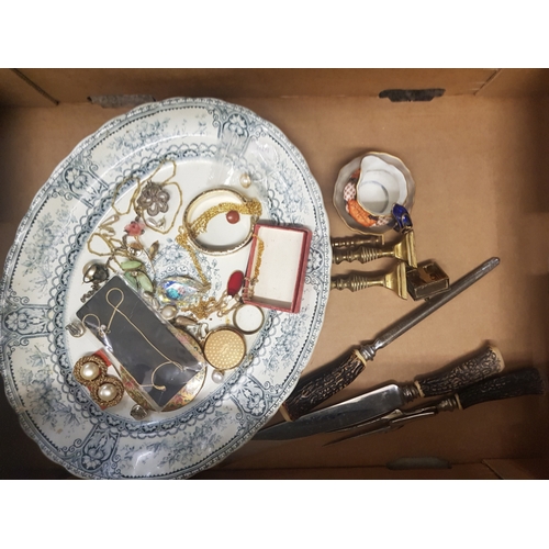 41 - A mixed collection of items to include costume jewelry , horn handled knife set, damage Crown Derby ... 