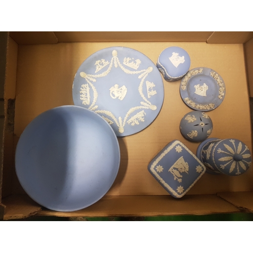 46 - A collection of Wedgwood jasperware including large fruit bowl, lidded boxes, plate, ashtray etc