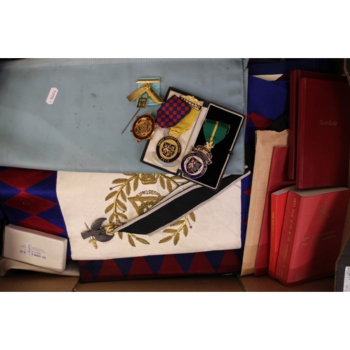 625 - An interesting collection of masonic related items and regalia including aprons, sashes, medals and ... 