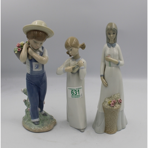 631 - Lladro figure of a girl and a Lladro figure of a boy together with a similar Spanish made figure (3)... 