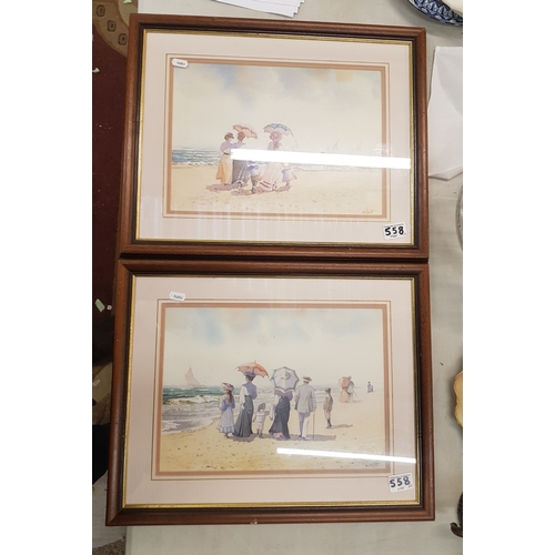 558 - Two nicely framed A W Smith prints of Victorian beach scenes, overall size of both 51cm x 40cm appro... 