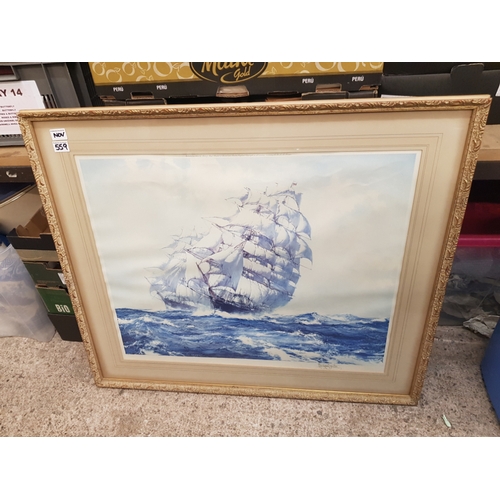 559 - A large framed print of a galleon, indistinctly signed in pencil lower right, overall size 99cm x 85... 