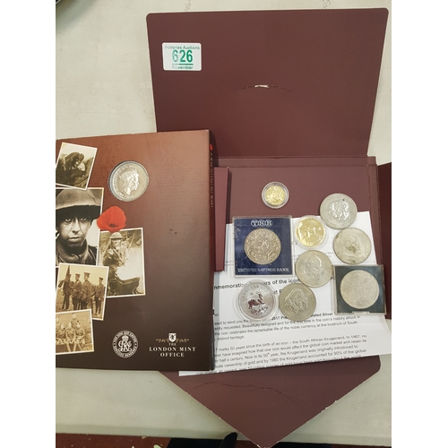 626 - A small collection of coins including a 1oz fine silver Krugerrand and corresponding paperwork.