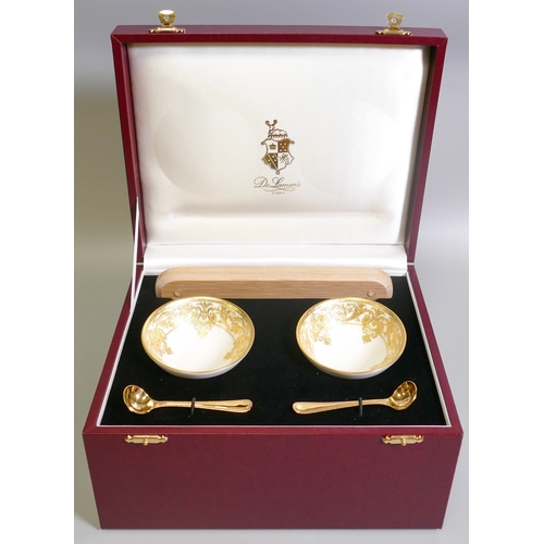 326 - De Lamerie Empress Pattern Dip Bowl Gift Set in Impressive Leather Box, gold spoon