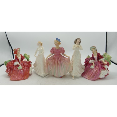 197 - Royal Doulton Small Lady Figures Sweeting , Lydia x 2 , Happy Anniversary & Forget me not(5)