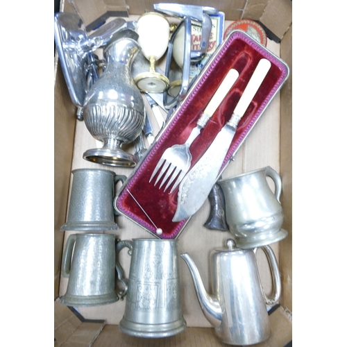 839F - A mixed collection of items to include Pewter Tankards, Vintage Wing Mounted Car Mirrors, cased cutl... 