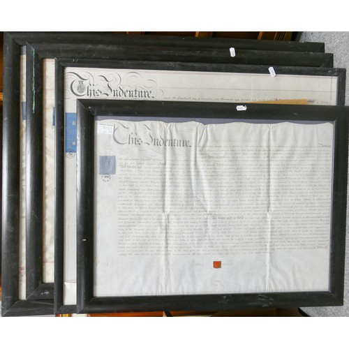 805A - Four x framed (3 glazed) indenture documents with various seals & stamps etc.  Largest 73cm x 87 cm ... 