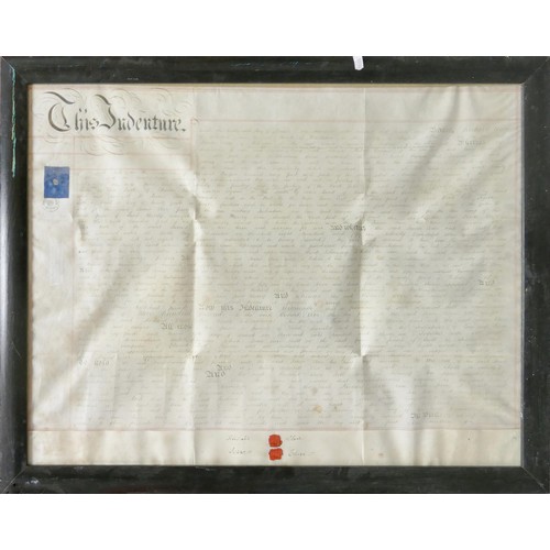 805A - Four x framed (3 glazed) indenture documents with various seals & stamps etc.  Largest 73cm x 87 cm ... 