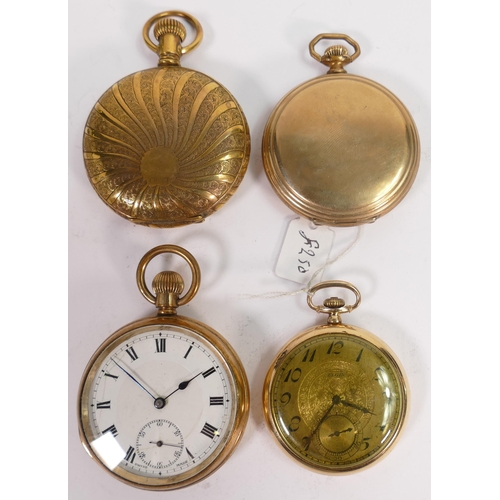 661 - Four gents original gold plated / gilt metal pocket watches. Three in ticking order, largest not wor... 