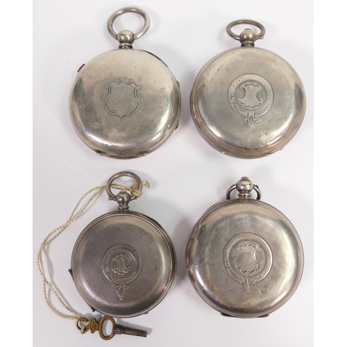 666 - 4 x hallmarked silver cased gents pocket watches, all in fair to reasonable order.  No keys, so assu... 