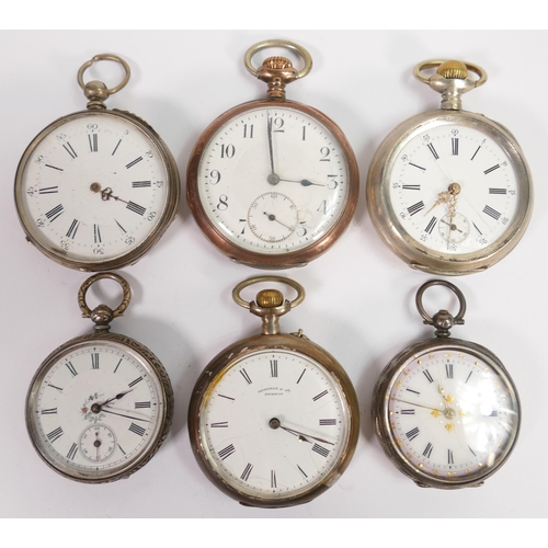 667 - 6 x Continental silver cased pocket watches, all in fair to reasonable order.  No keys, so assume no... 