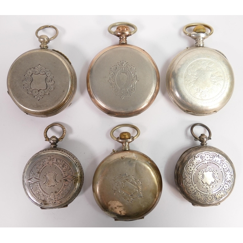 667 - 6 x Continental silver cased pocket watches, all in fair to reasonable order.  No keys, so assume no... 