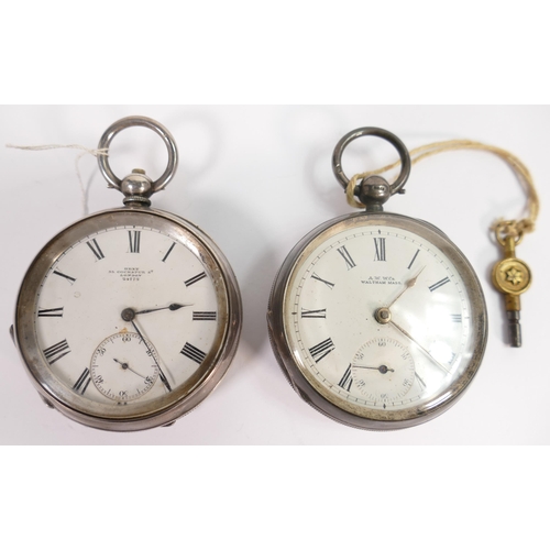 668 - 2 x hallmarked silver cased gents pocket watches, a Waltham and a Dent.  Both in ticking order, the ... 